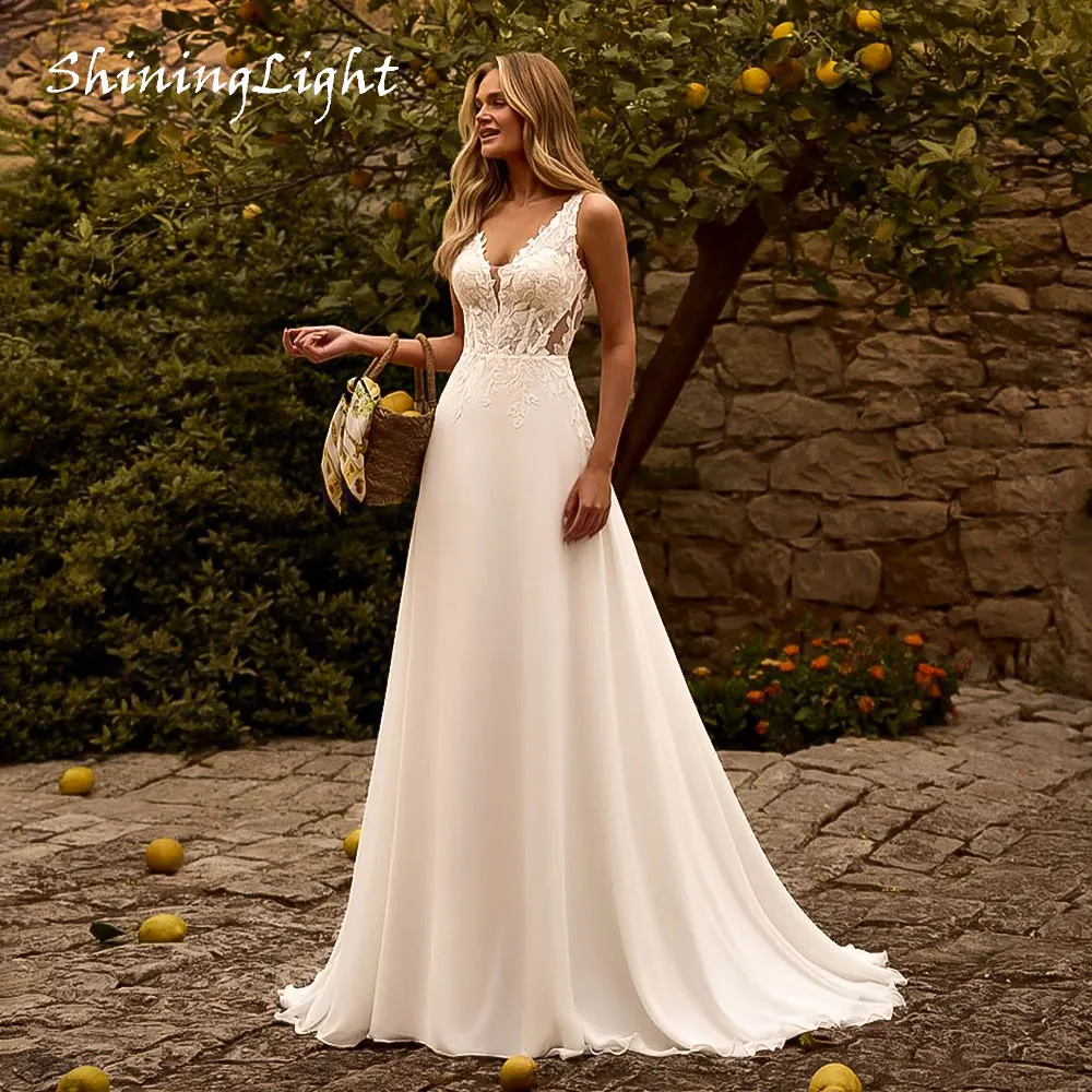 

ShiningLight V-Neck Lace A-Line Wedding Dress Applique Chiffon Sleeveless Boho Beach Bridal Gowns Vestidos De Noiva Customized