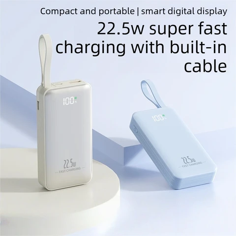 Портативный внешний аккумулятор 22.5W 10000mAh со встроенным кабелем для мобильных телефонов Huawei, Samsung и Apple. Компактный и удобный Power Bank.