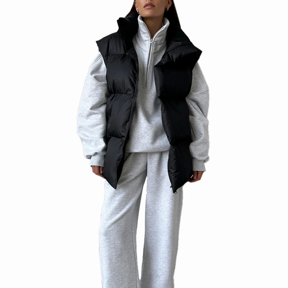 여성용 아우터웨어 캐주얼 조끼 다운 패딩 코튼 퀼팅 슬리브리스 퍼프 루즈 출퇴근용 패딩 겨울 방한 조끼