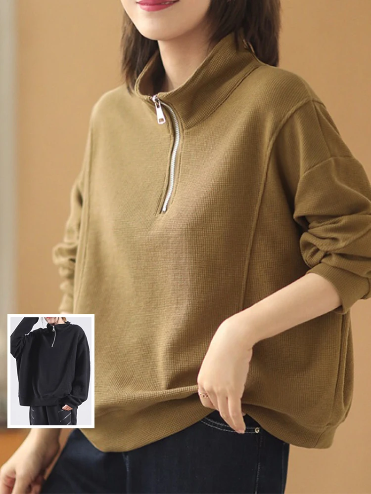 

Женский длинный свитшот размера плюс на молнии с высоким воротником, однотонный повседневный универсальный осенне-зимний модный уличный свитер