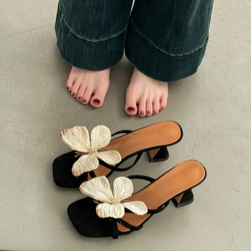 

Designer Summers Open Toe Butterfly-knot Women Slippers Fashion Slip on Ladies Elegant Thick Heel Dress Slides