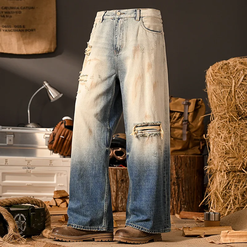 Retro distressed distressed jeans for men, trendy high-end fashion gradient color design, loose straight leg wide leg pants