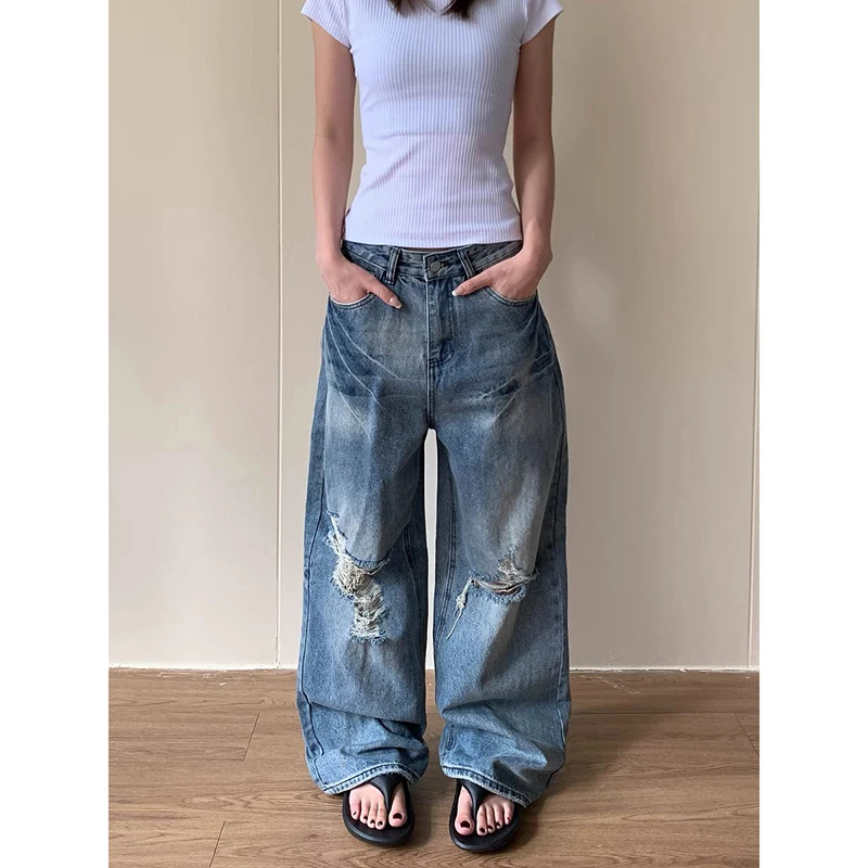 

Осень 202, женские рваные синие джинсы с высокой талией, американская винтажная уличная одежда, широкие джинсовые брюки Y2K, мешковатые брюки 2000-х годов