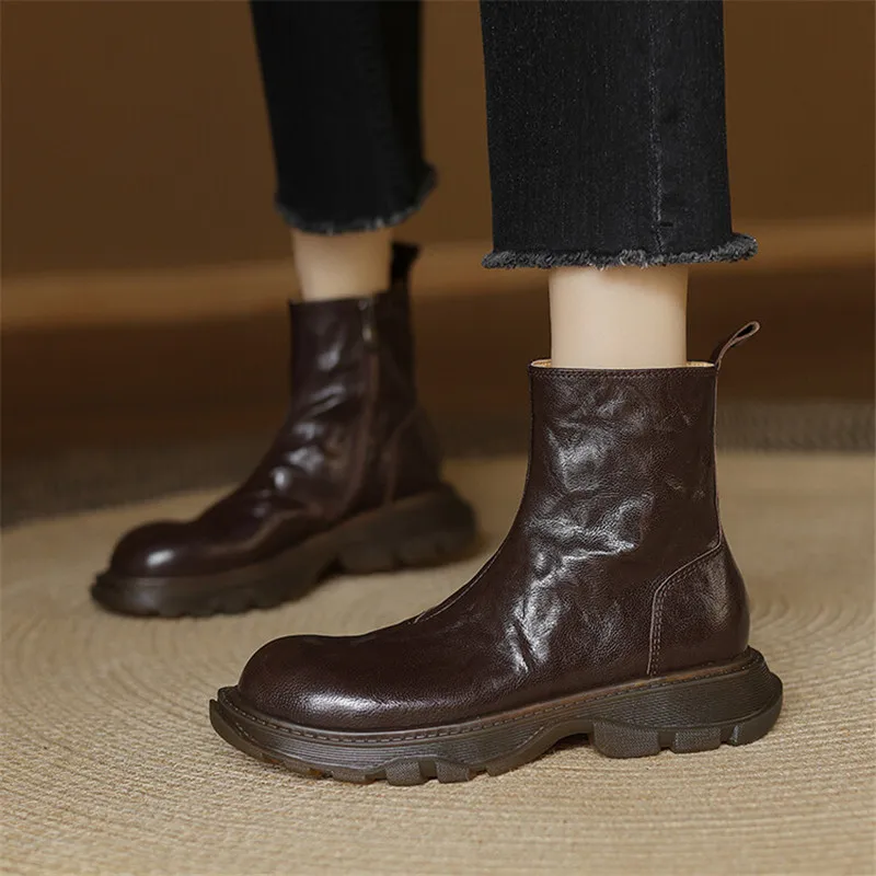 New Autumn Winter Genuine Leather Women Boots Fashion Chelsea Boots for Women Round Toe Short Boots Platform Shoes Botines Mujer