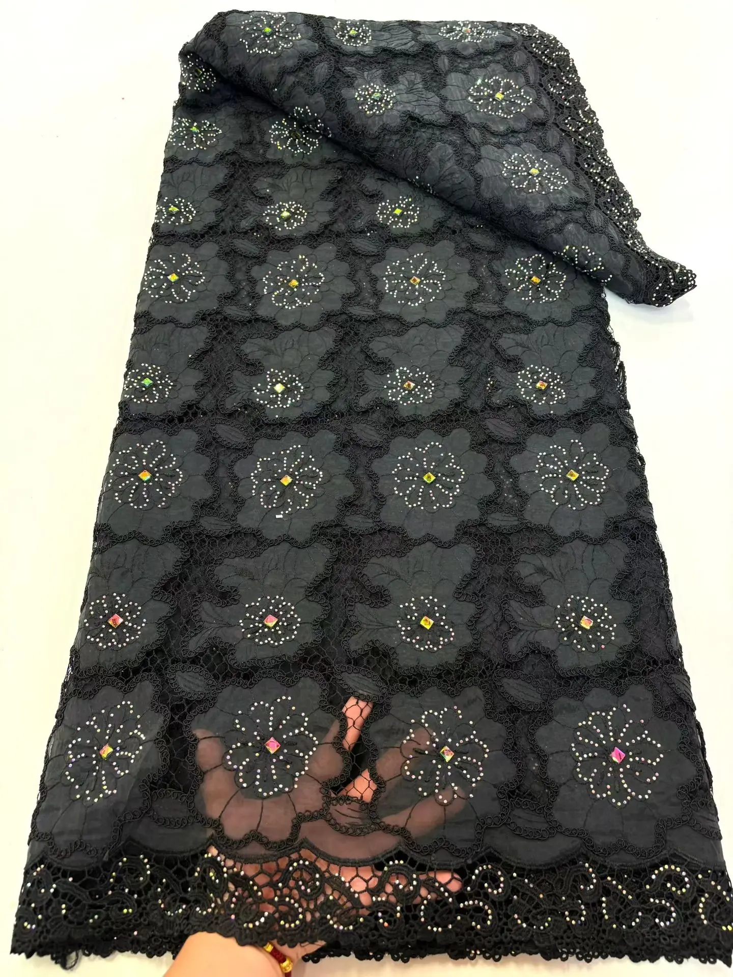 

Guipure Embroidery Lace Original Chiffon Lace Fabric With Stones 2025 African Black Celebrants Cord Cloth Sewing Garment Hm78-1