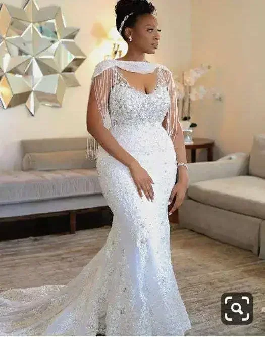 Personalizado apliques de renda elegante sereia longo feito sob encomenda lantejoulas miçangas borla plus size vestido de casamento festa africana