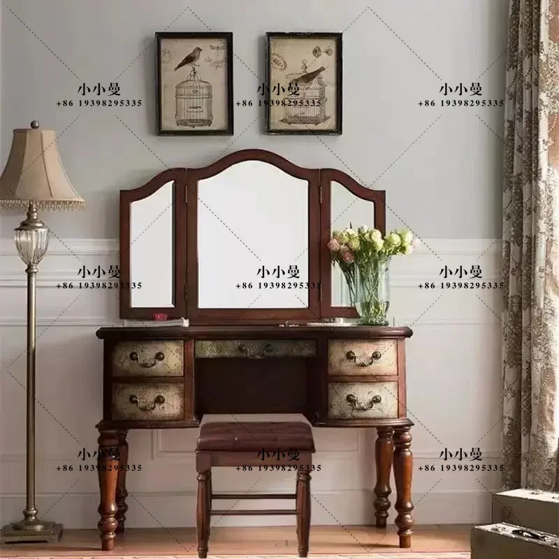 American solid wood new Chinese painting bedroom retro mirror storage integrated makeup table
