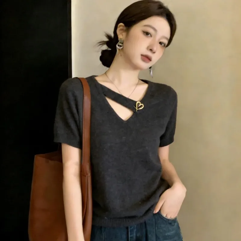 Women Clothing Summer Fashion Loose Simplicity Hollow Out Ice Shreds Knitting Female O-neck Short Sleeve Appear Thin Versatile