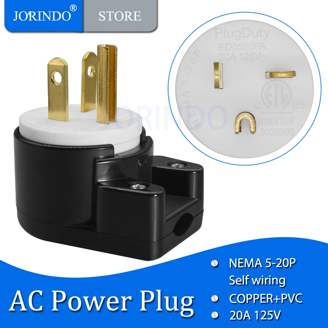 JORINDO NEMA 5-20P USA 3-Prong Male AC Power Plug,3 Pole Straight T- Blade DIY Rewirable AC Plug 20A 125V USA 3Pin AC Connector