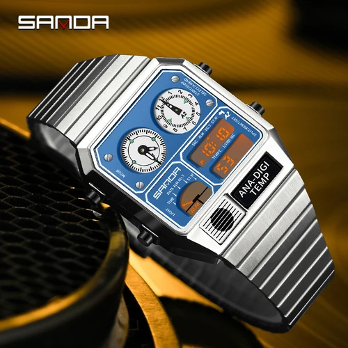 Imagen 2 del producto SANDA 3192 Venta caliente LED cuadrado electrónico hombres jóvenes ocio termómetro cronómetro código de sincronización reloj multifuncional para hombres