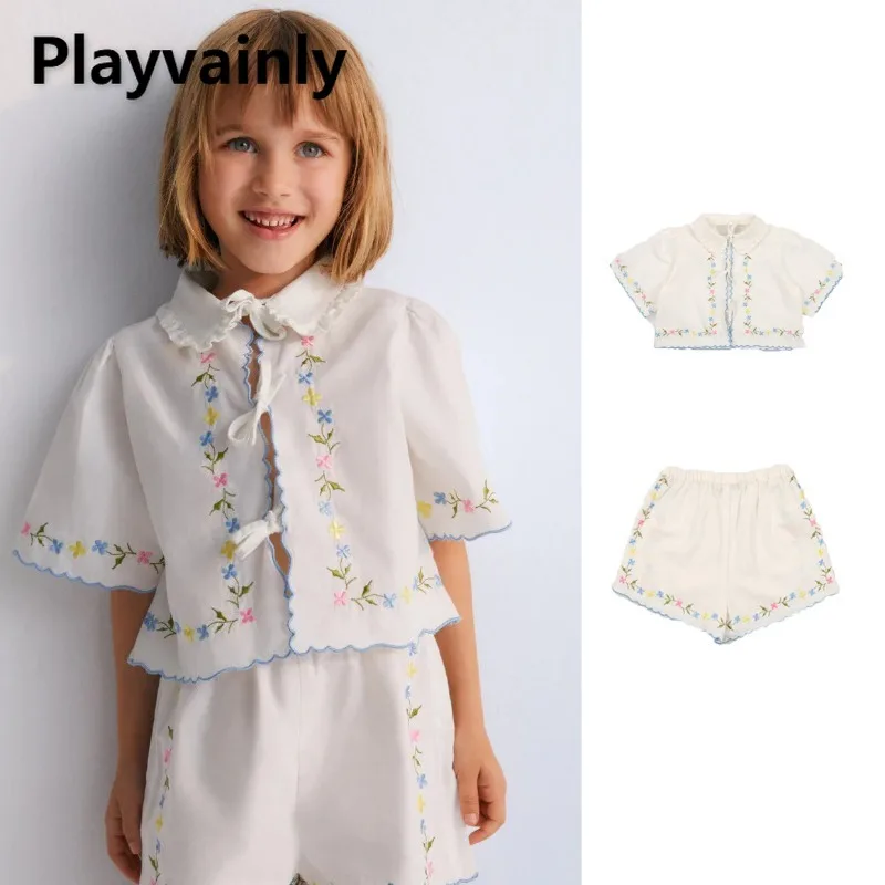 

Летние комплекты для девочек с отложным воротником и короткими рукавами, милые рубашки с вышивкой, свободные шорты с эластичной резинкой на талии, повседневная детская одежда A25859