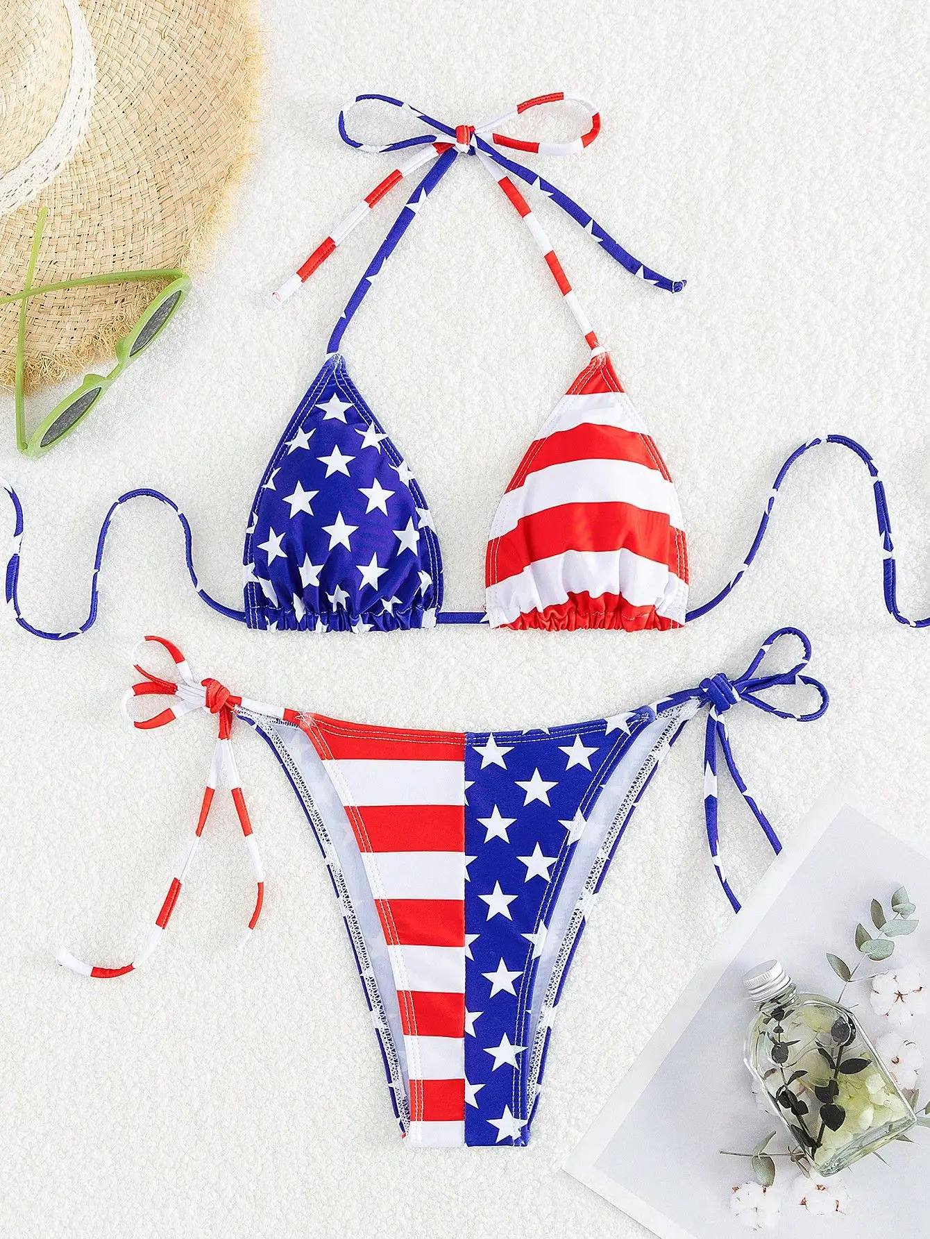 American Flag Print Micro Bikini Set Adjustable Patriotic Tie-Front Halter Two-Piece Swimsuit Summer Women Sexy Swimming Clothes