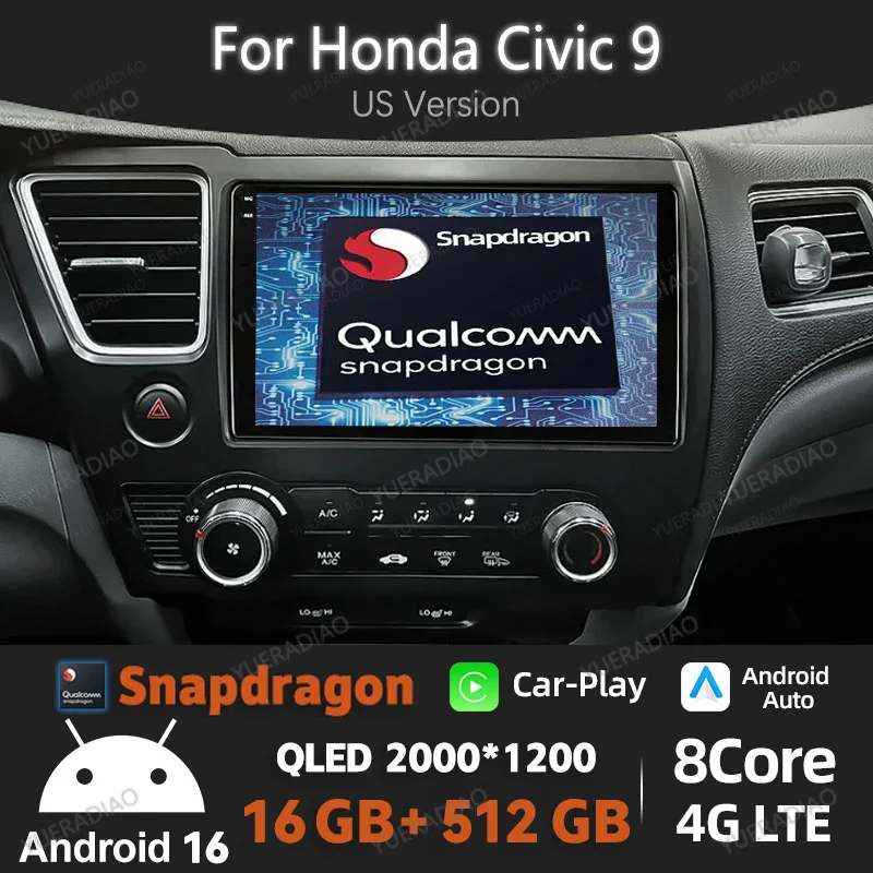Android 16 Wireless Carplay Auto Car Radio For Honda Civic 9 9th US Sender Coupe Multimedia Video Player Head Unit 4G WIFI GPS