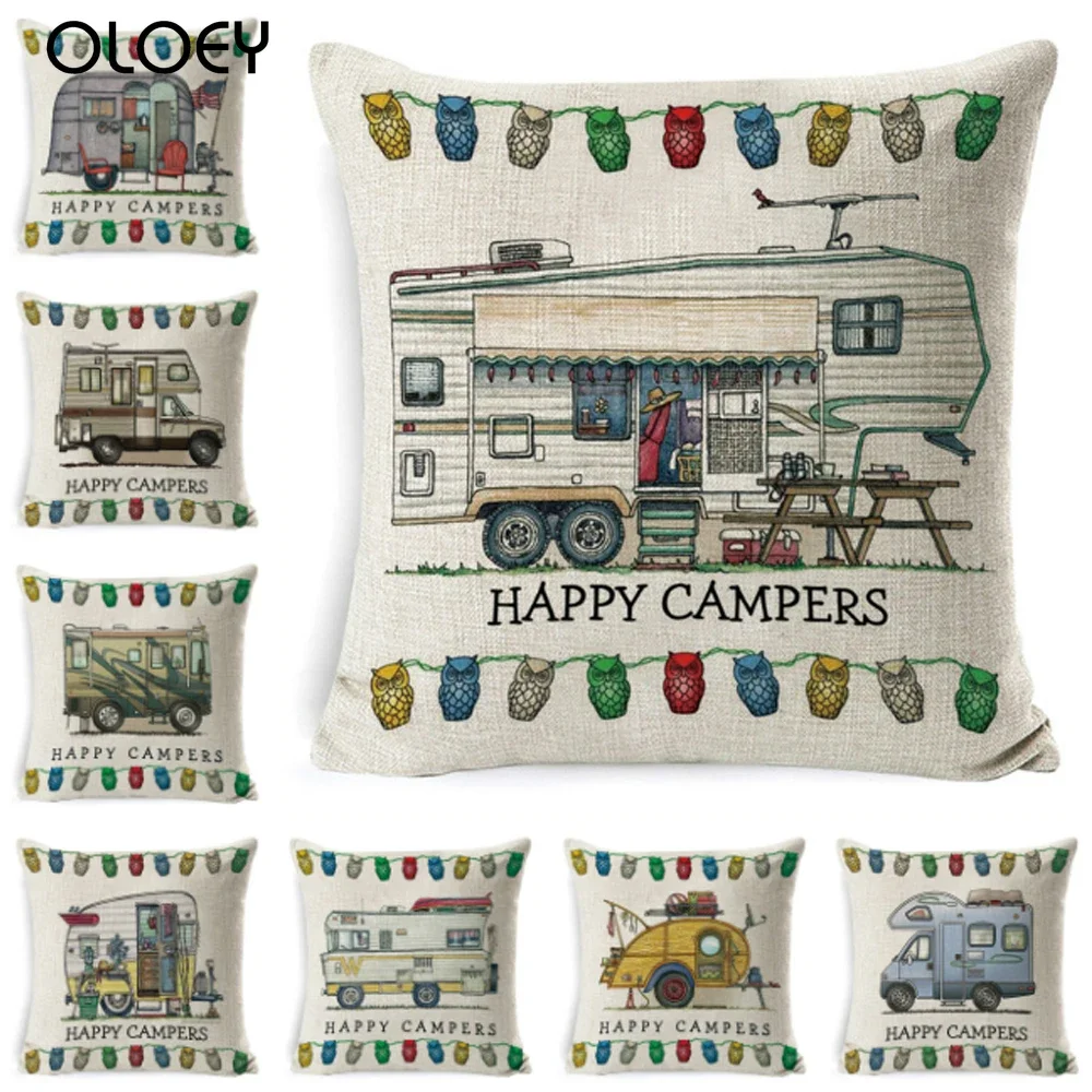 

Cotton Linen Cushion Cover Happy Campers Pattern Throw Pillow Cover Car Pillowcase For Sofa Bedroom Home Decoration 45*45cm