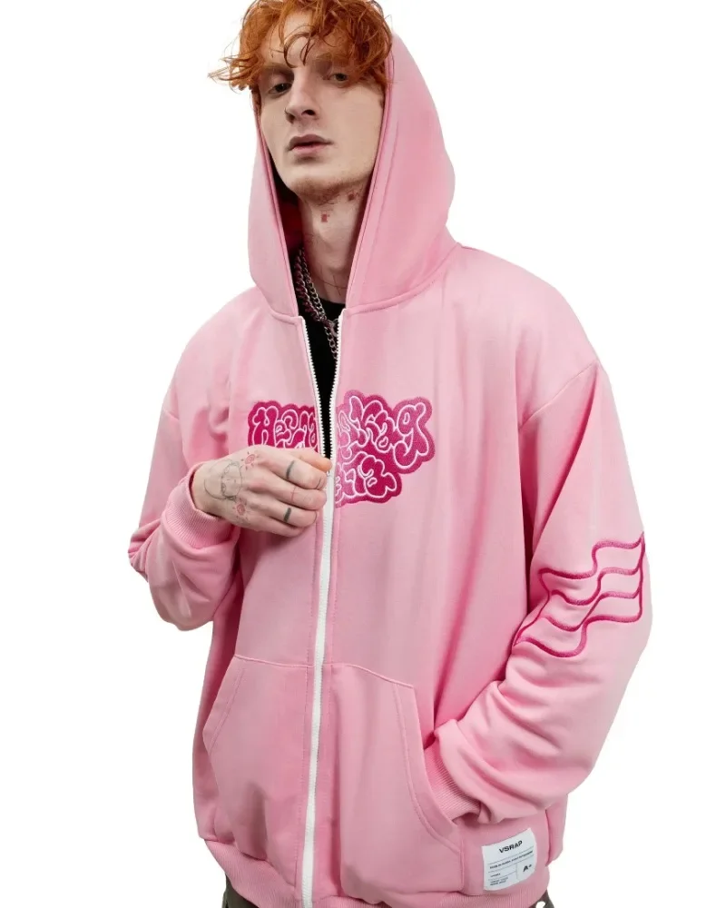 Y2K zip up Hoodie Harajuku Embroidered Pink Letters high quality vintage Oversized Sweatshirts Men Women Hip Hop streetwear top