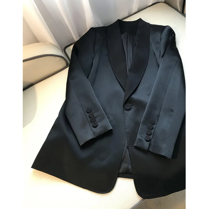 Acetate Shawl Collar Suits Women Office Business Tops Jacket For Spring Summer High-end Black White Medium Long Satin Blazers