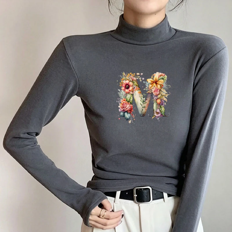 2026 New Autumn Winter Thermal Brushed Fleece Long Sleeve Graphic Print T shirt Blouses Female Warm Shirt Women Top