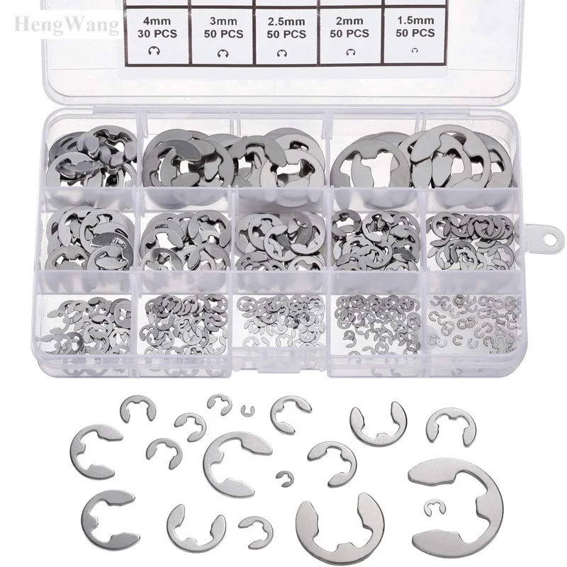 

External Retaining Ring E-Clip Set 400pcs Stainless Steel 1.5,2,3,4,5,12,15mm Circlip Assortment Kit for Shaft
