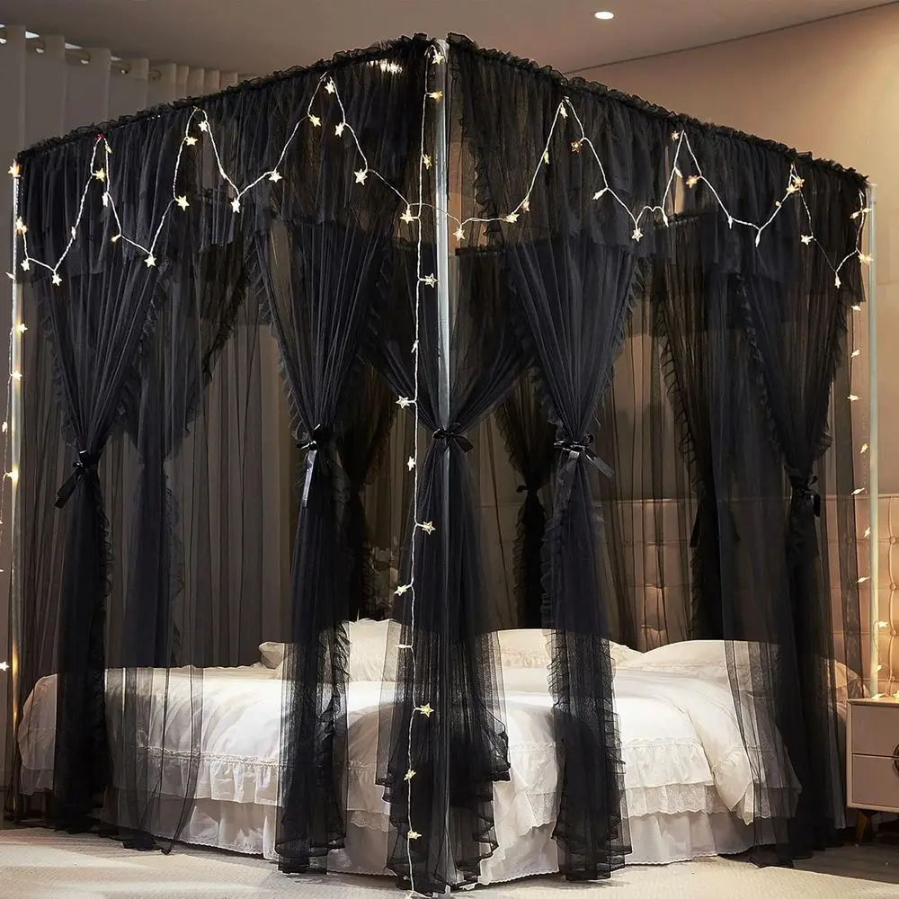 8-Panel Princess Canopy Curtains for Girls' Bed - Double Layer Mesh Drapes, Full Size (Black)