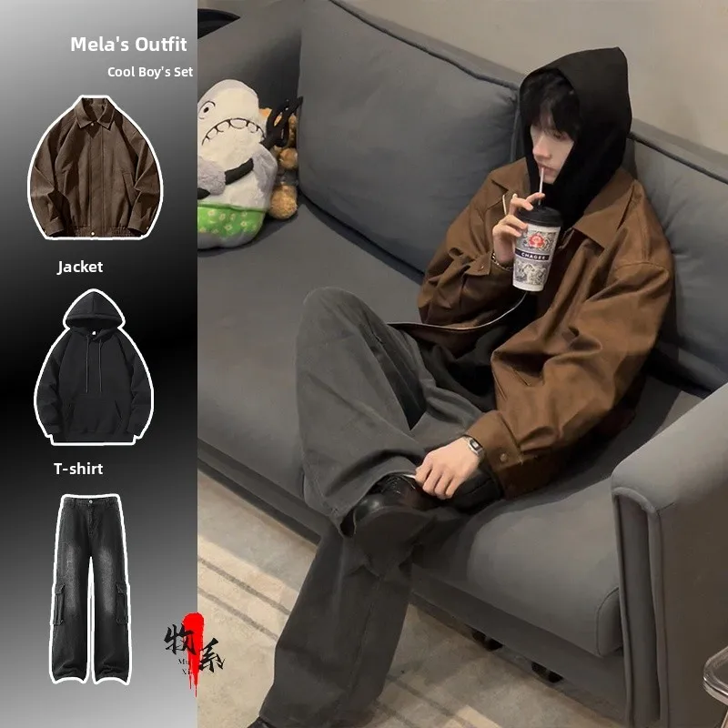 

Коричневая матовая кожаная куртка-косуха для мужчин, весенняя модная коллекция, высококачественный комплект, американский стиль, хлопковое пальто свободного кроя, не требующее глажки, из искусственной кожи (ПУ)