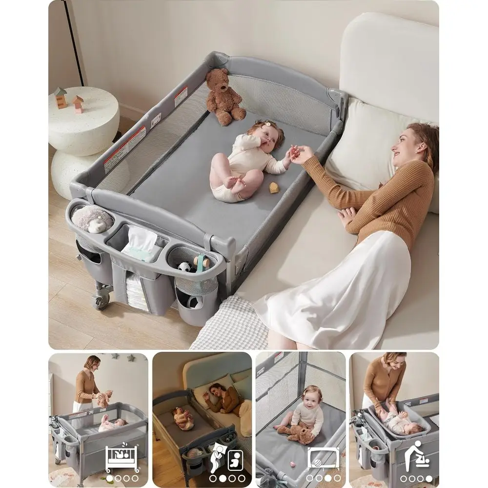 Multi-Functional Baby Bassinet: Crib, Playard, Changing Table, Bedside Sleeper with Wheels & Brakes