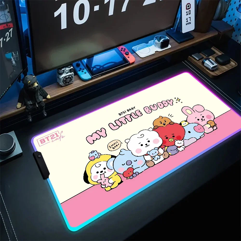 80x30cm Computer Gaming Mousepad RGB Cartoon B-BT21s Natural Rubber Mousepad Anime Antislip Large LED Soft Carpet Mat Backlit XL