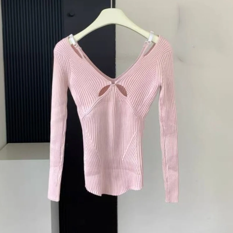 Jersey de punto con cuello en V y hombros descubiertos para mujer, Jersey calado en la espalda para otoño e invierno, jerséis de manga larga lisos y versátiles