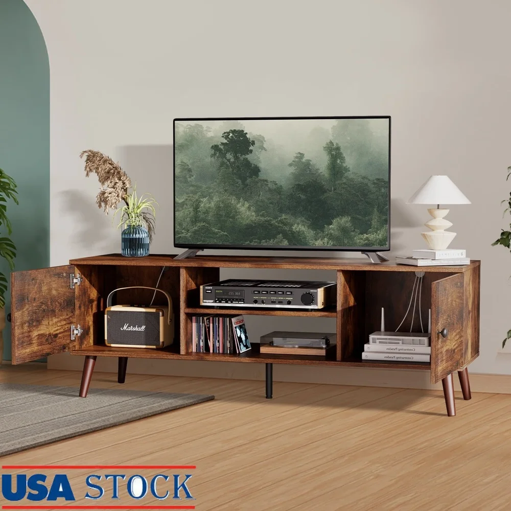 

Современная подставка для телевизора середины века, 60-дюймовые телевизоры со шкафами для хранения, регулируемые полки, управление кабелями, простая сборка, винтажный коричневый