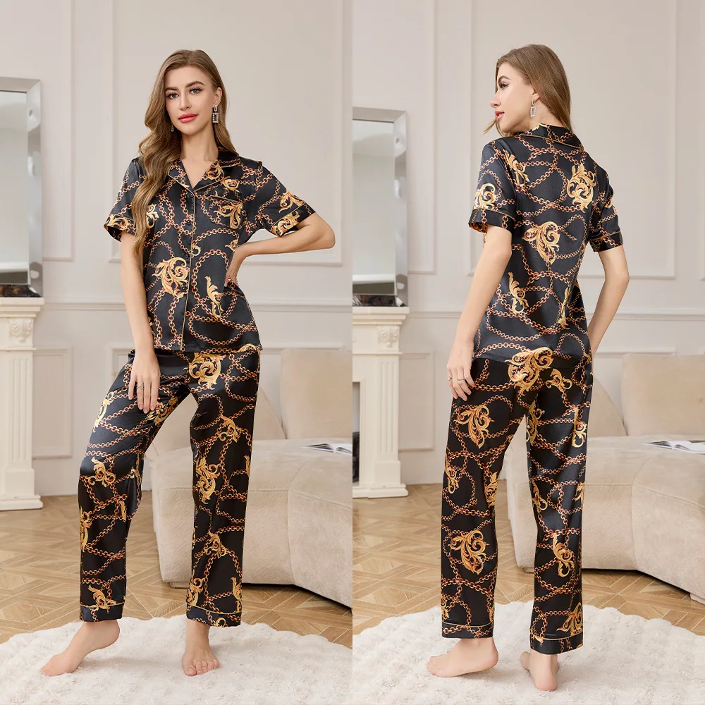 

Women's Pajama Ice Silk Summer Short-sleeved Trousers Loungewear Set High-end Printing Two-piece Set Pijama Women Sleepwear