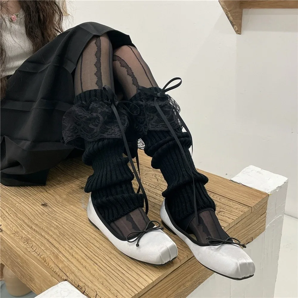 Stockings Lolita Leg Warmers JK Lace Bow Long Socks Knitted Autumn Winter Leg Sleeve Preppy Style