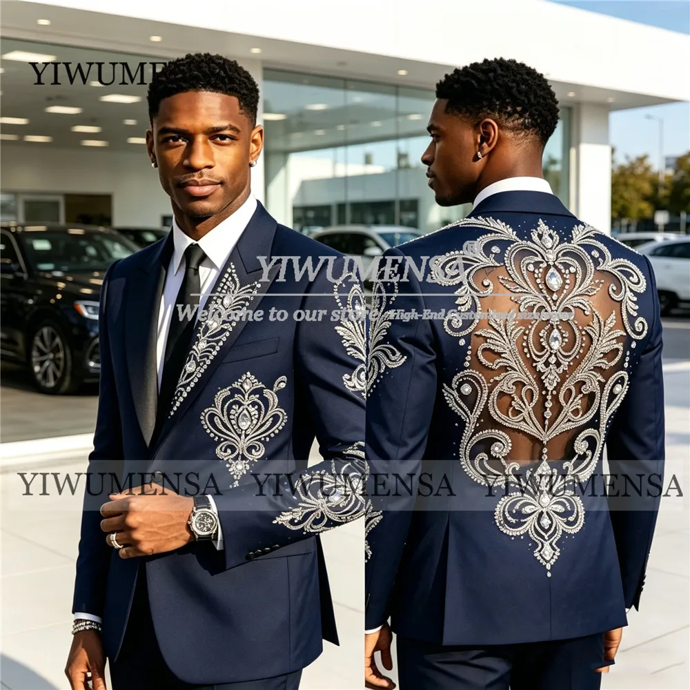 

Exquisite Wdding Suit For Groom Illusion Tulle Beaded Stones Prom Blazer Custom Made 2 Piece Sets Man Business Tuxedo Attires