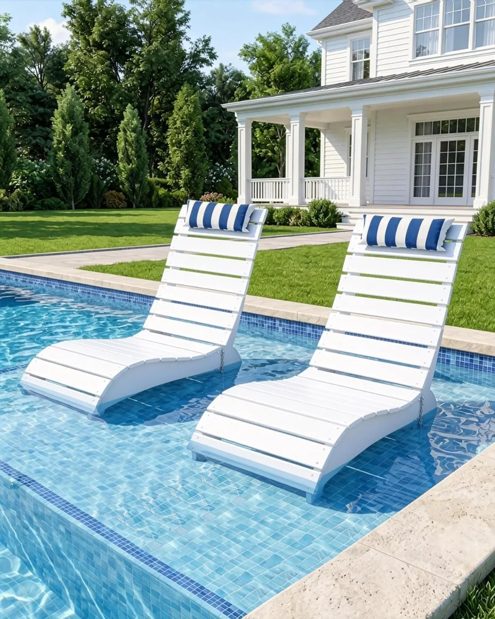 Factory Direct 2026 HDPE Pool Lounge Chairs Set of 2, Adjustable Chaise with Headrest, Fade-Resistant for Poolside, White