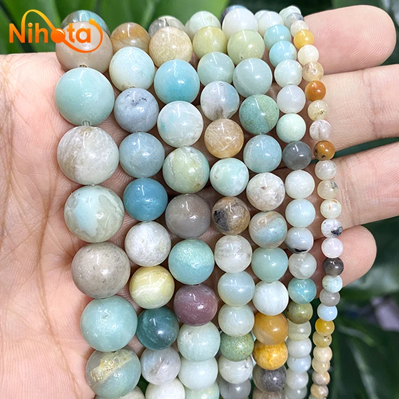 Natura Stone Smooth Mixed Amazonite Round Beads for Jewelry Making Diy Bracelet Accessories 15\