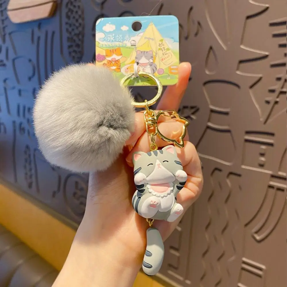 Kawaii With Fluffy Fur Ball Vitality Cat Keychain Trendy Cartoon Schoolbag Pendant Resin Cute Car Key Ring Students