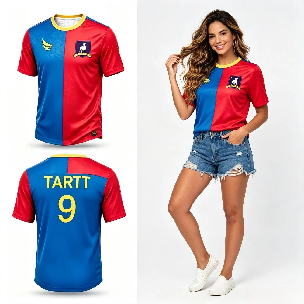Men's Red Blue Split Short Sleeve Soccer Jersey Breathable Sports Football Shirt Fan Uniform Top