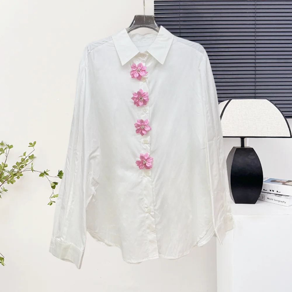 

Women's Shirt Flowers Pins Decoration Long Sleeve Single Breasted Blouse Autumn 2025 New Fashion blouses