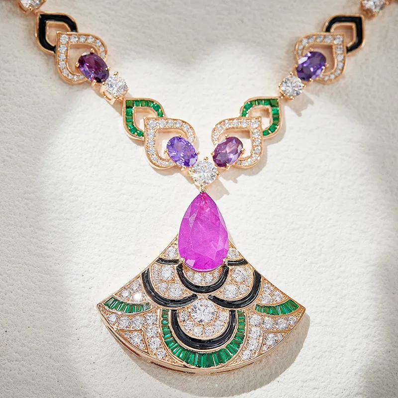 Luxurious Fashion Fine Jewelry Sets For Women Lady Inlay AAA Cubic Zircon Violet Color Fan-shaped Pendant Necklace Drop Earrings