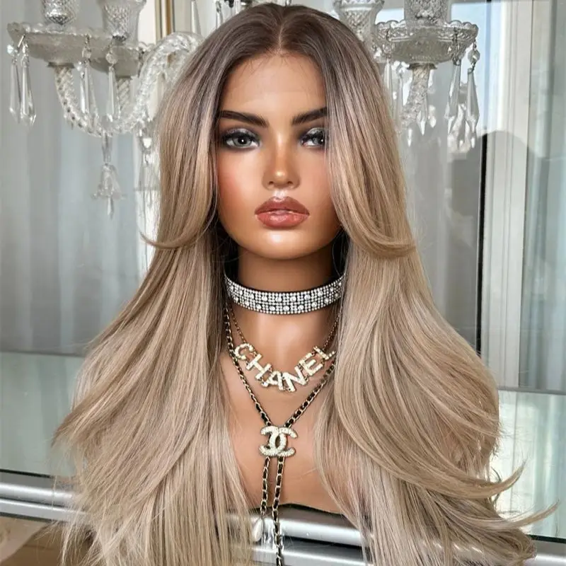 

Синтетический парик с естественной волной, омбре, кремово-русый с коричневыми мелиями, с кружевной передней частью, с предварительно вычесанной линией роста волос, для женщин, на каждый день