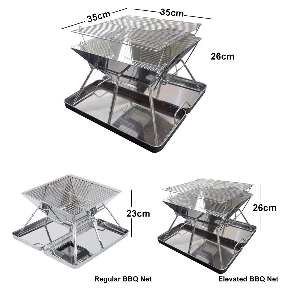 Rak pemanggang baja tahan karat lipat luar ruangan rak barbekyu kompor arang dapat dilepas panggangan BBQ ringan lipat tahan angin