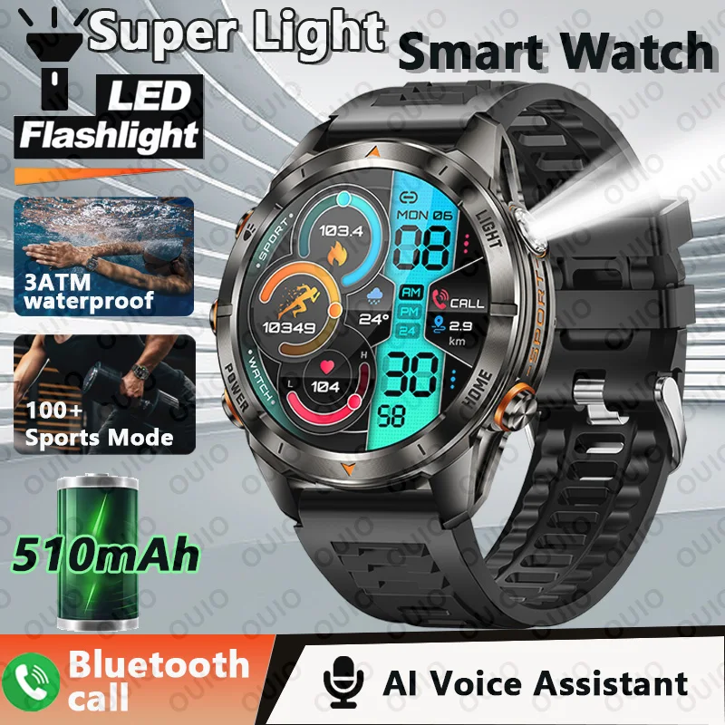 

Новые умные часы с металлическим корпусом, уличный яркий свет, фонарик 3ATM, водонепроницаемые, 1,43 дюйма, 515 мАч, Bluetooth-вызов, 100 спортивных умных часов