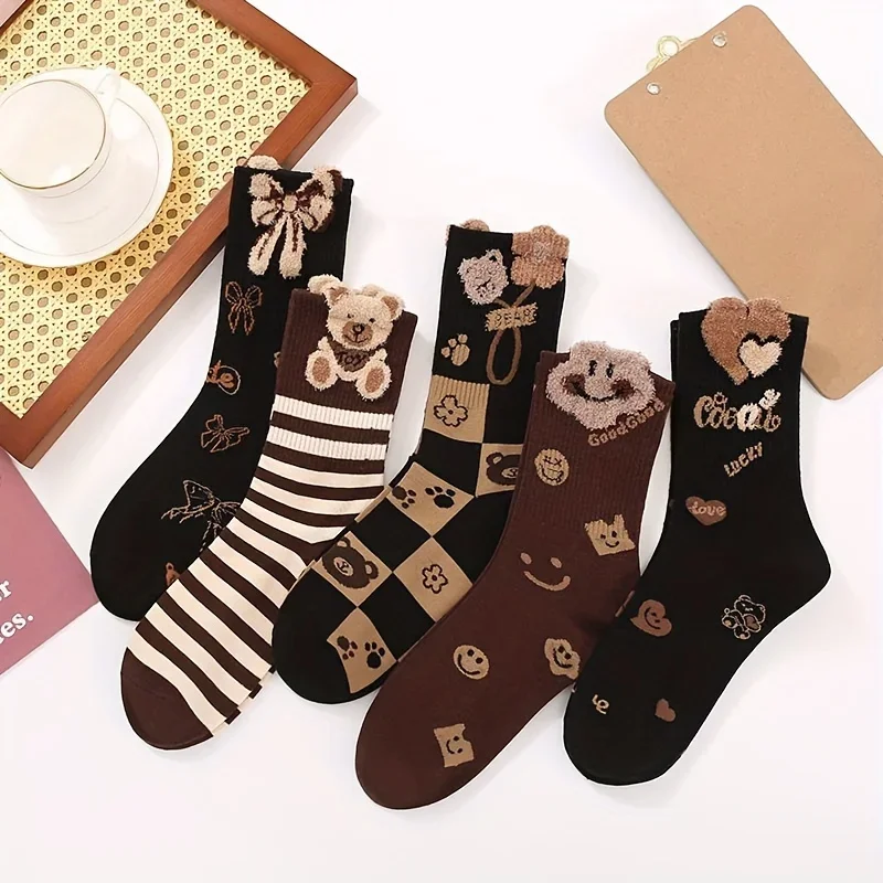 5 Pairs Autumn Winter Three-Dimensional Feather Yarn Cartoon Socks Comfortable And Lovely Retro Docks Girls With Bear Stockings