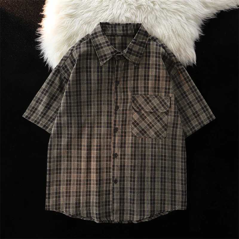 

Retro Japanese Plaid ort Sve Casual Loose Collar Men's irt Summer 2026 Trendy Brand College Sle Loose Fit irt