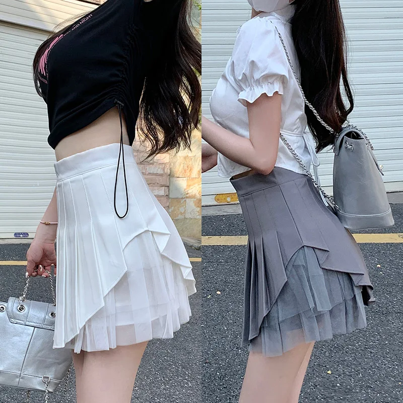 White Skirt  Mesh High Waist A-line Mini Women\'s Summer Harajuku Fashion Korean Style Clothes Kawaii Black Girls Pleated Skirts