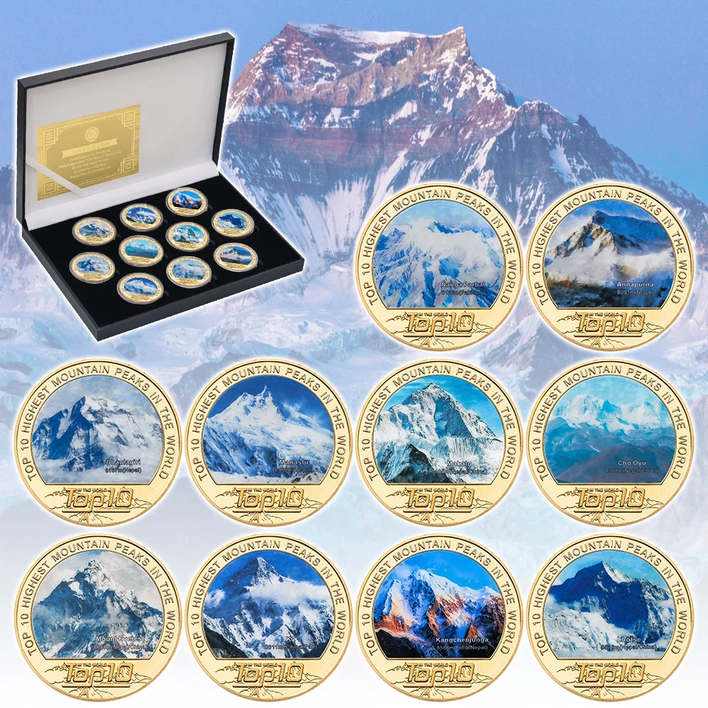 10PCS Top 10 Highest Mountains Peaks in the World Commemorative Coins Set Challenge Coin for Collection Christmas Gifts For Man