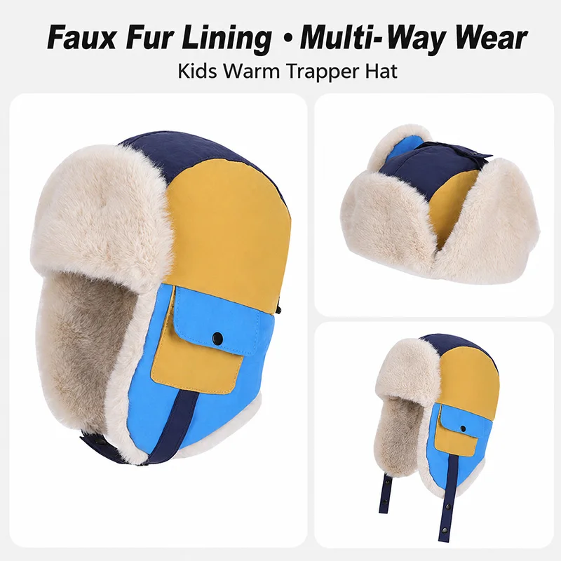 Children Winter Hat for Skiing Thicken Warm Kids Bonnet Cap for Boys Girls Earflaps Plush Lining Children ‌Trapper Hats 4-10Y