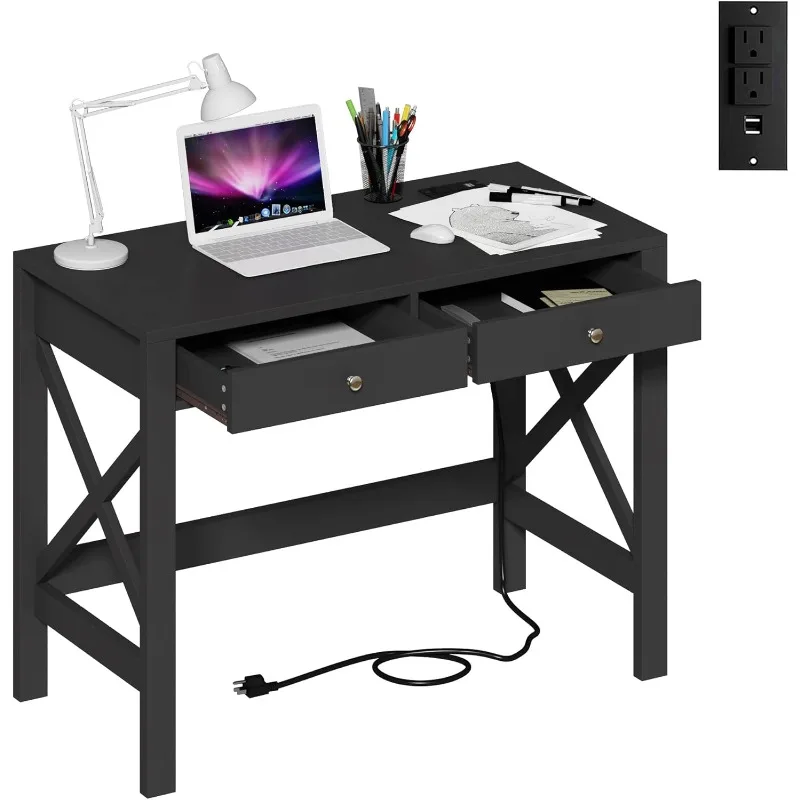 Computer desk with USB charging port and power outlet, 39-inch black desk with drawers