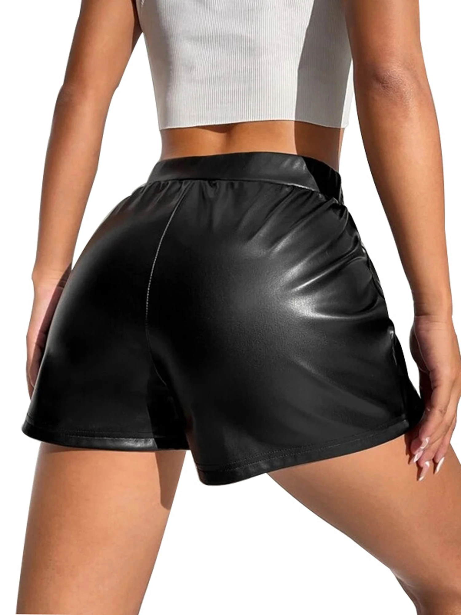 Women Fashion Patent Leather Shorts Y2K Hot Woman Short Pants Casual High Waist Solid Bottoms for Streetwear Dance Stage Show