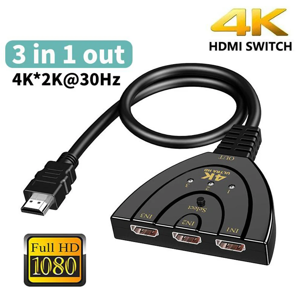 HDMI-compatible Cable Splitter 3in1 HD 4K Video Switcher Adapter 3 Input 1 Output Port Hub for Xbox PS4 DVD HDMI PC Laptop TV