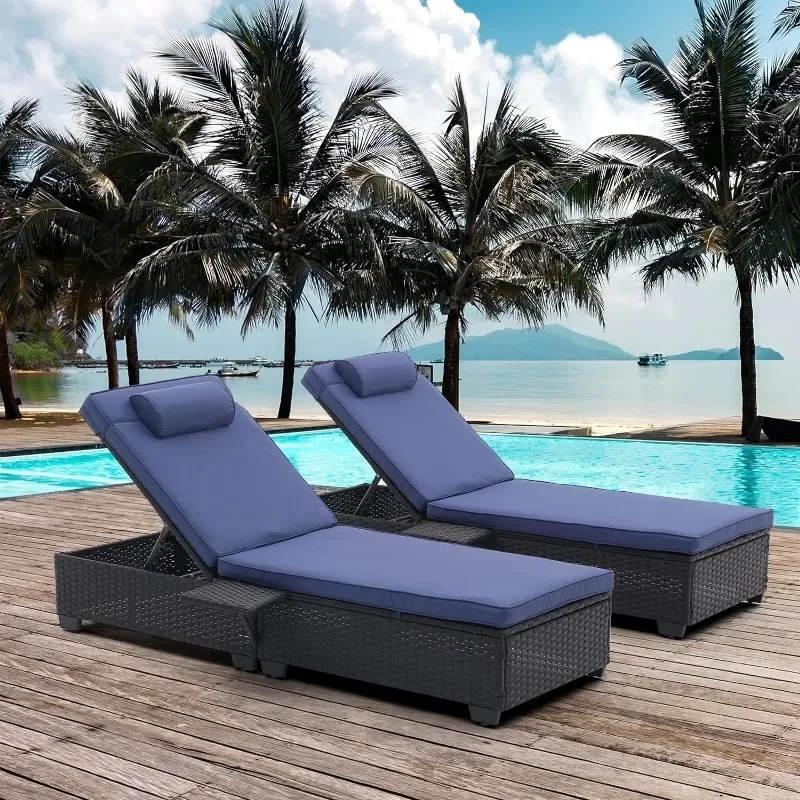 Outdoor PE Wicker Chaise Lounge Set 2 Piece Patio Rattan Reclining Chair with Side Shelf for Garden Poolside Yard