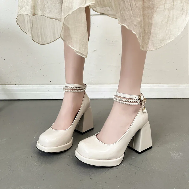 Fashion Ankle Strap Pearl Pumps for Women New High Heels Platform Mary Janes Woan Round Toe Thick Heel Party Shoes Female